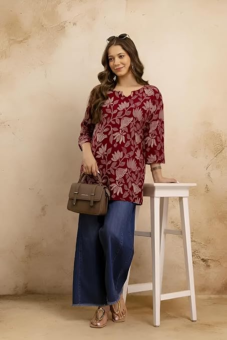 Women Cotton Blend Printed Short Kurti | 3/4 Sleeve Tunic Top for Casual & Office Wear | Regular Fit