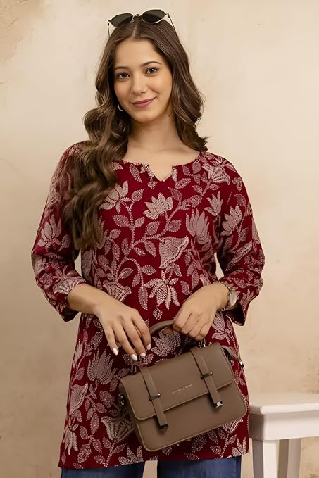 Women Cotton Blend Printed Short Kurti | 3/4 Sleeve Tunic Top for Casual & Office Wear | Regular Fit
