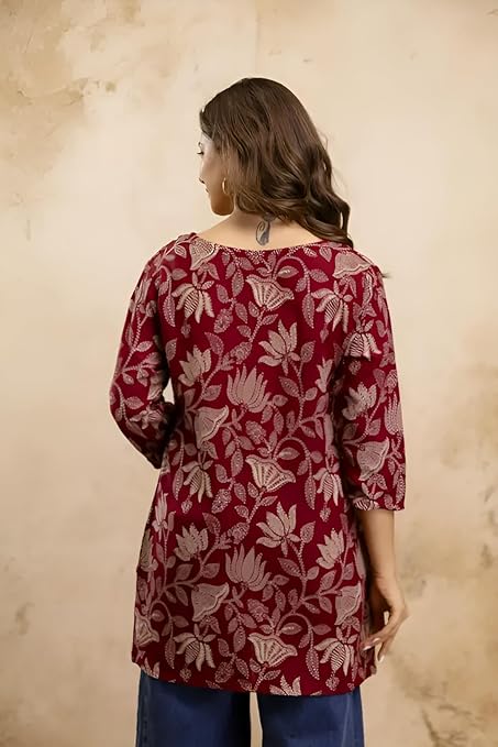 Women Cotton Blend Printed Short Kurti | 3/4 Sleeve Tunic Top for Casual & Office Wear | Regular Fit